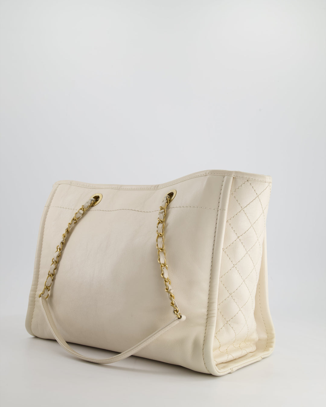 *HOT* Top Quality Chanel White Small Deauville Tote Bag in Aged Calfskin Leather with Antique Gold Hardware and Pearl, Crystal Logo Detail
