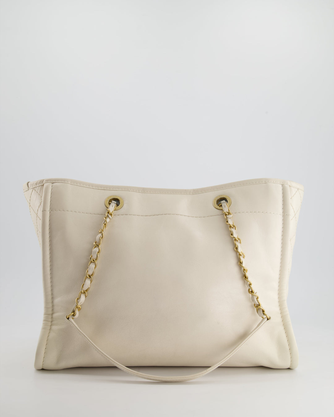 *HOT* Top Quality Chanel White Small Deauville Tote Bag in Aged Calfskin Leather with Antique Gold Hardware and Pearl, Crystal Logo Detail