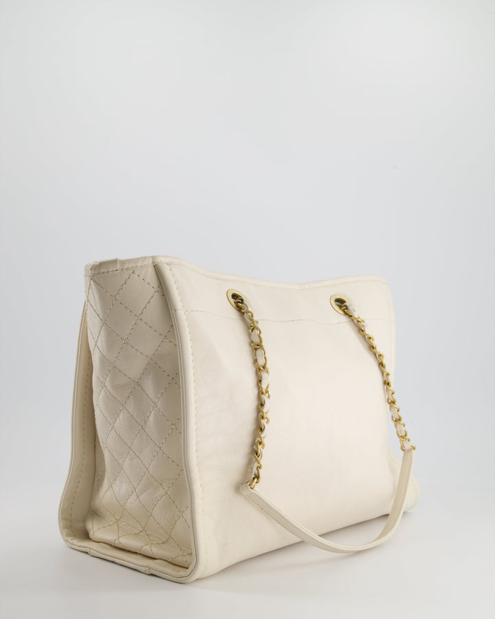 *HOT* Top Quality Chanel White Small Deauville Tote Bag in Aged Calfskin Leather with Antique Gold Hardware and Pearl, Crystal Logo Detail