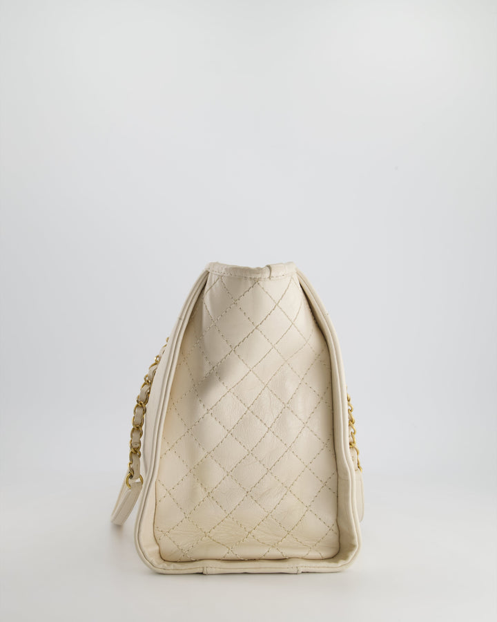 *HOT* Top Quality Chanel White Small Deauville Tote Bag in Aged Calfskin Leather with Antique Gold Hardware and Pearl, Crystal Logo Detail
