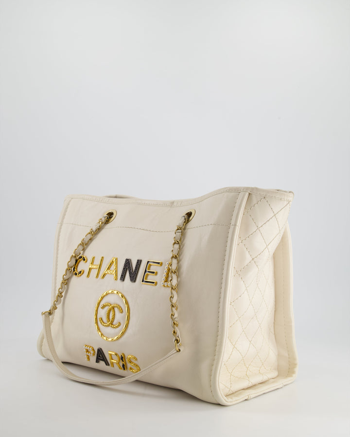 *HOT* Top Quality Chanel White Small Deauville Tote Bag in Aged Calfskin Leather with Antique Gold Hardware and Pearl, Crystal Logo Detail