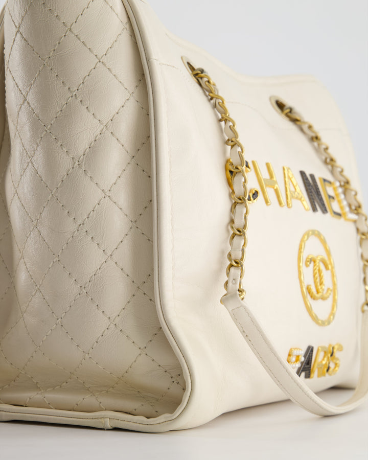 *HOT* Top Quality Chanel White Small Deauville Tote Bag in Aged Calfskin Leather with Antique Gold Hardware and Pearl, Crystal Logo Detail
