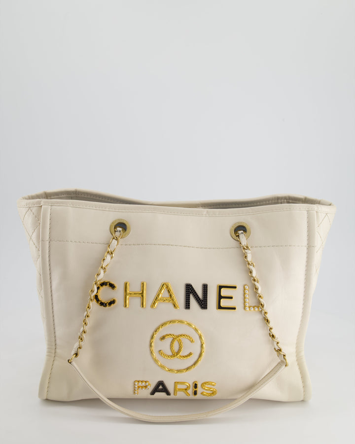 *HOT* Top Quality Chanel White Small Deauville Tote Bag in Aged Calfskin Leather with Antique Gold Hardware and Pearl, Crystal Logo Detail