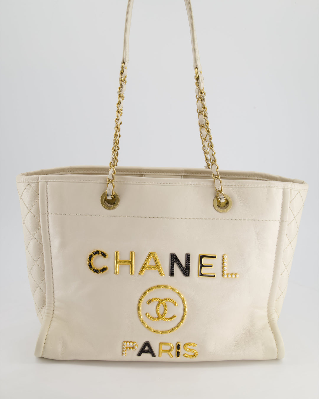 *HOT* Top Quality Chanel White Small Deauville Tote Bag in Aged Calfskin Leather with Antique Gold Hardware and Pearl, Crystal Logo Detail