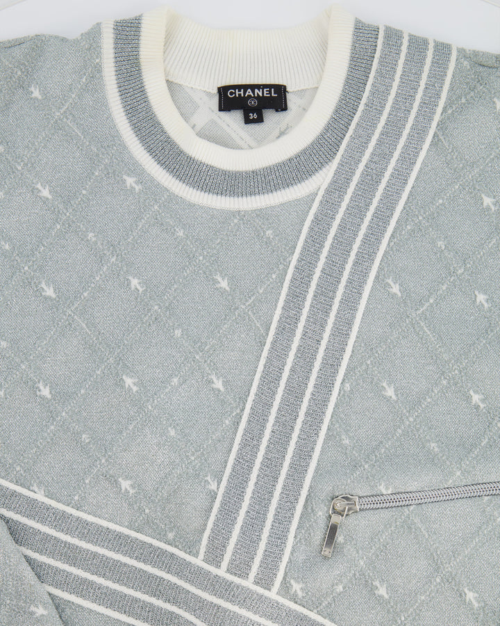 *HOT COLLECTION* Top Quality Chanel Spring / Summer 2016 Grey Metallic Airline Collection Jumper with Zip and Plane Details Size FR 36 (UK 8) RRP ¬£2,400