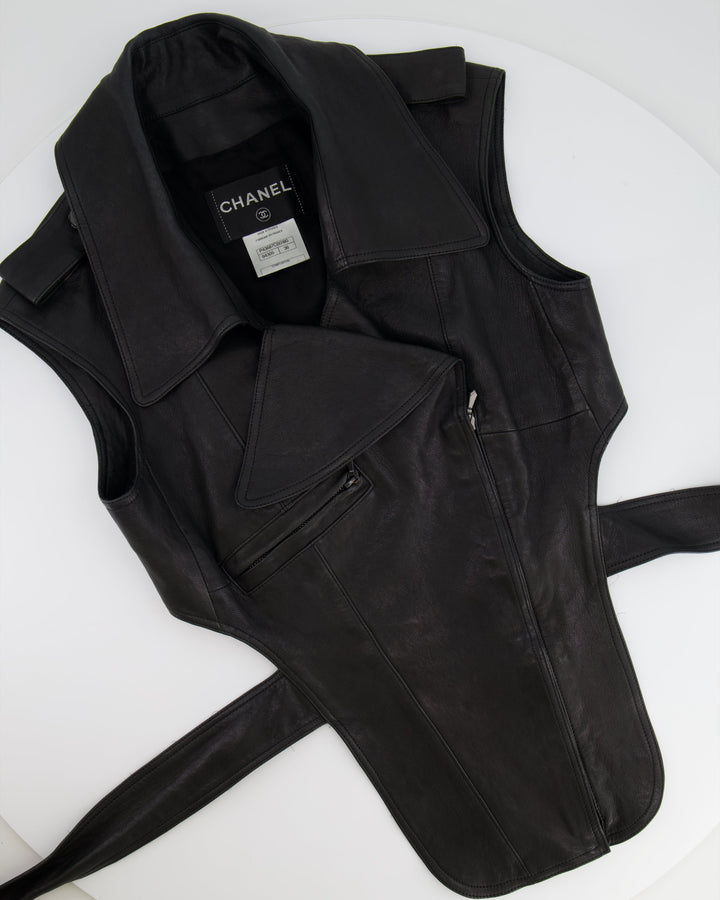 Top Quality Chanel 12P Black Asymmetric Lambskin Leather Gilet with Belt Size FR 36 (UK 8) RRP ¬£5,500