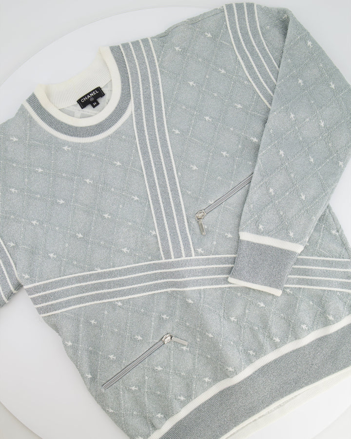 *HOT COLLECTION* Top Quality Chanel Spring / Summer 2016 Grey Metallic Airline Collection Jumper with Zip and Plane Details Size FR 36 (UK 8) RRP ¬£2,400