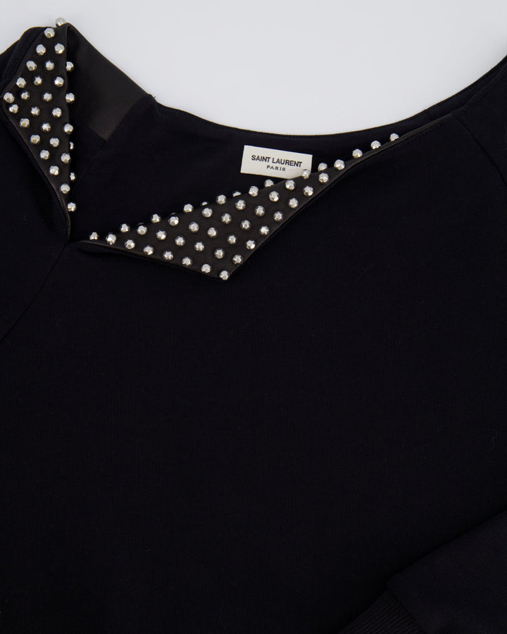 Saint Laurent Black Jumper with Leather Collar & Stud Details Size FR 36 (UK 8)