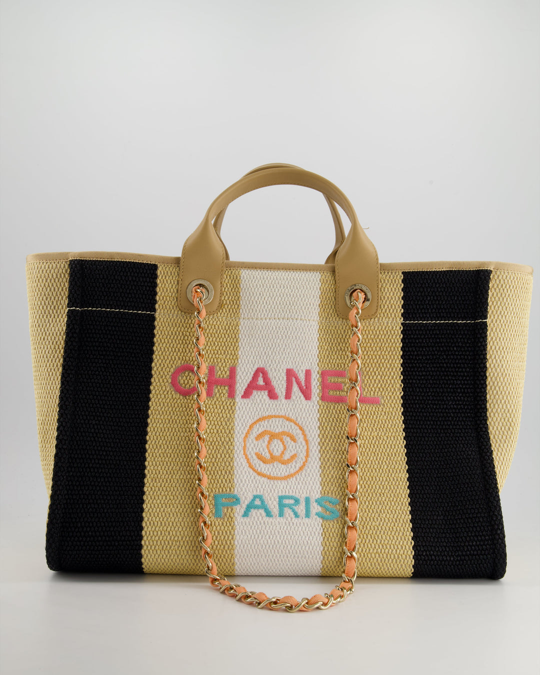 *HOT* Top Quality Chanel Beige, Black and White Raffia Deauville Tote Bag with Pastel Logo and Champagne Gold Hardware