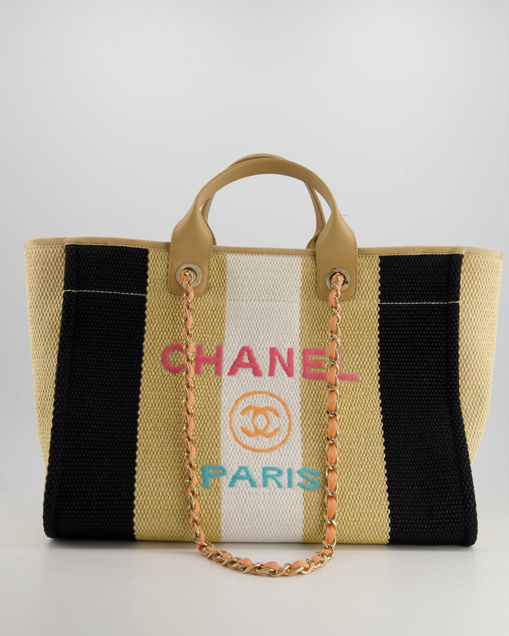 *HOT* Top Quality Chanel Beige, Black and White Raffia Deauville Tote Bag with Pastel Logo and Champagne Gold Hardware