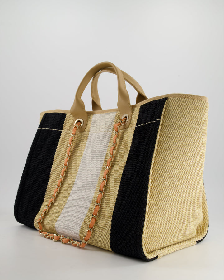 *HOT* Top Quality Chanel Beige, Black and White Raffia Deauville Tote Bag with Pastel Logo and Champagne Gold Hardware