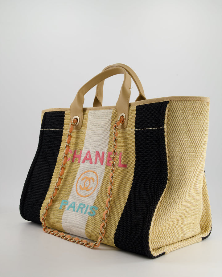 *HOT* Top Quality Chanel Beige, Black and White Raffia Deauville Tote Bag with Pastel Logo and Champagne Gold Hardware
