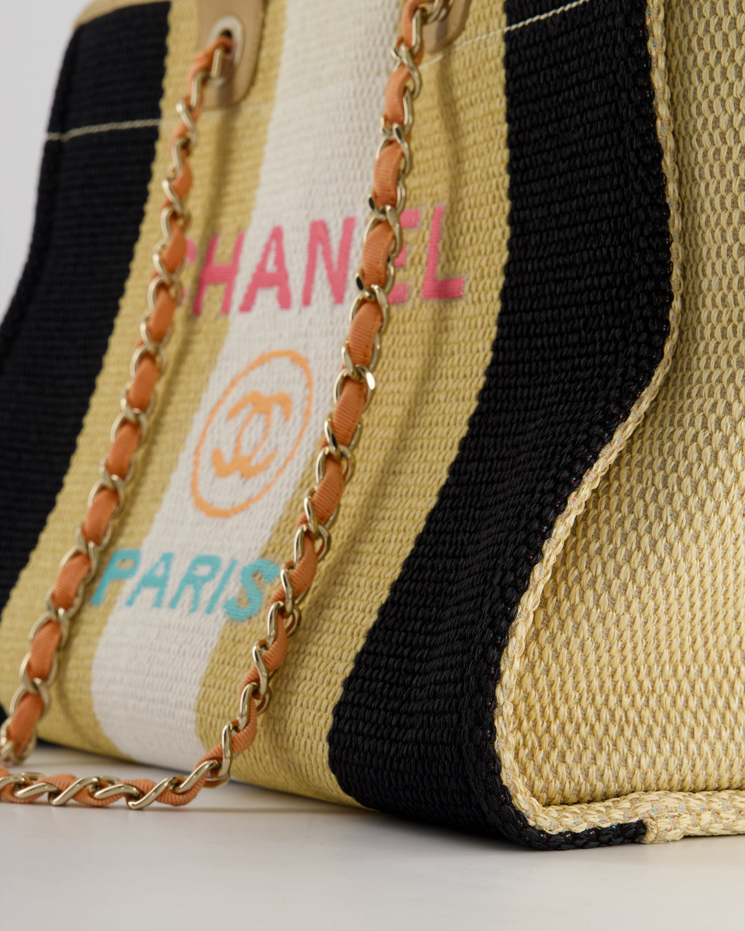 *HOT* Top Quality Chanel Beige, Black and White Raffia Deauville Tote Bag with Pastel Logo and Champagne Gold Hardware