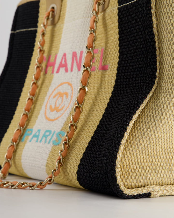 *HOT* Top Quality Chanel Beige, Black and White Raffia Deauville Tote Bag with Pastel Logo and Champagne Gold Hardware