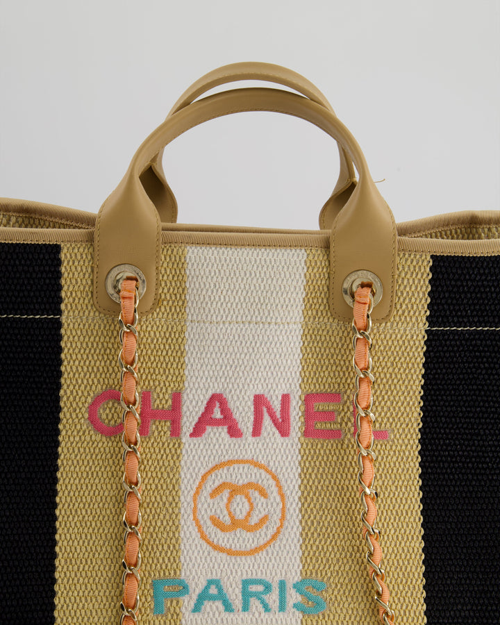 *HOT* Top Quality Chanel Beige, Black and White Raffia Deauville Tote Bag with Pastel Logo and Champagne Gold Hardware