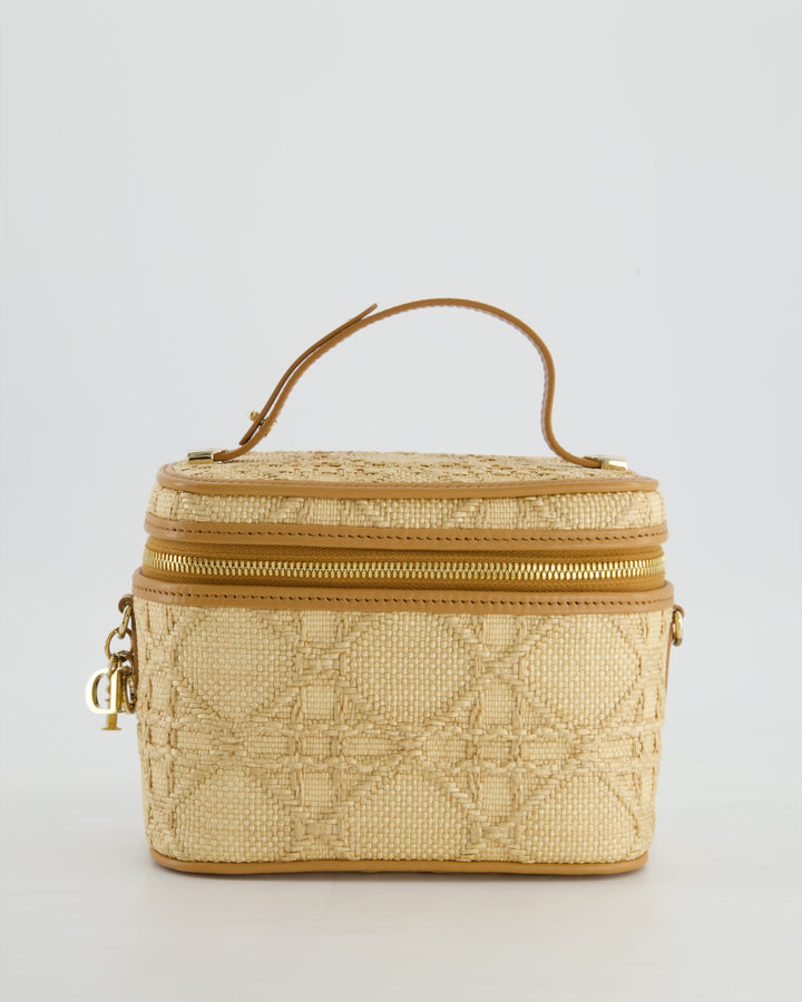 *HOT* Christian Top quality Dior 2021 Beige Lady Small Vanity Case Bag in Raffia & Leather with Gold Hardware