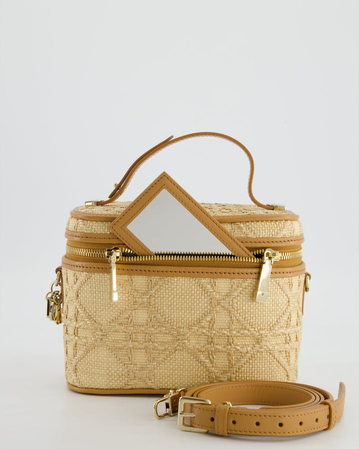 *HOT* Christian Top quality Dior 2021 Beige Lady Small Vanity Case Bag in Raffia & Leather with Gold Hardware