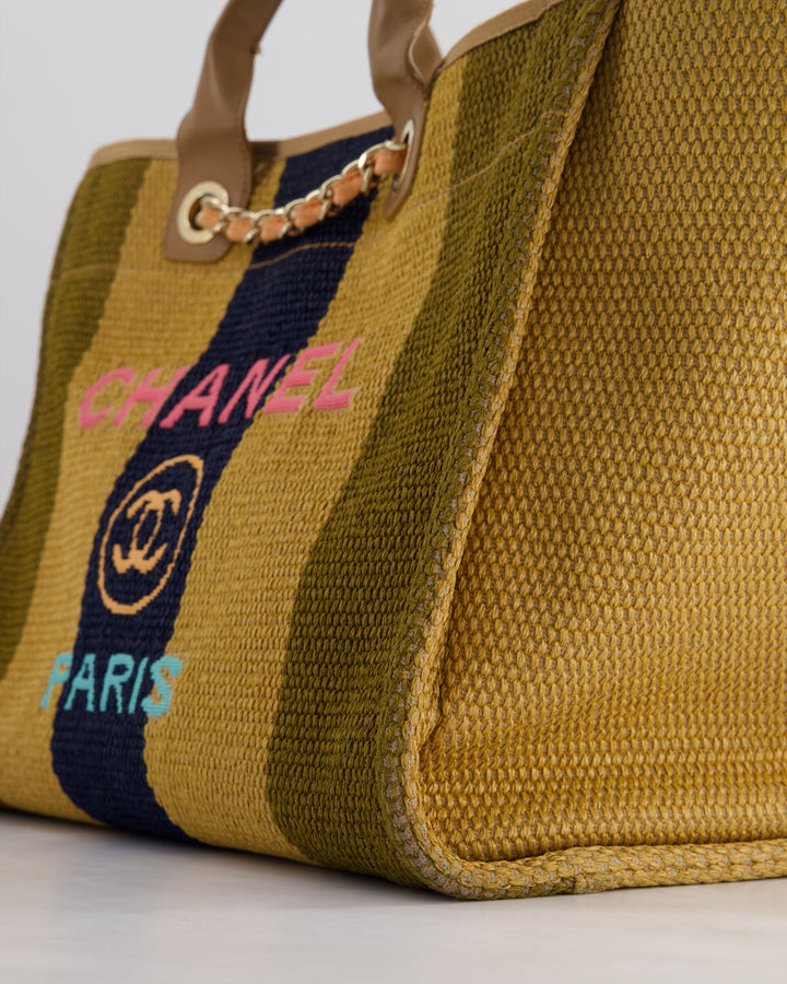 *HOT* Top Quality Chanel Beige, Navy and Khaki Raffia Deauville Tote with Pastel Logo and Champagne Gold Hardware