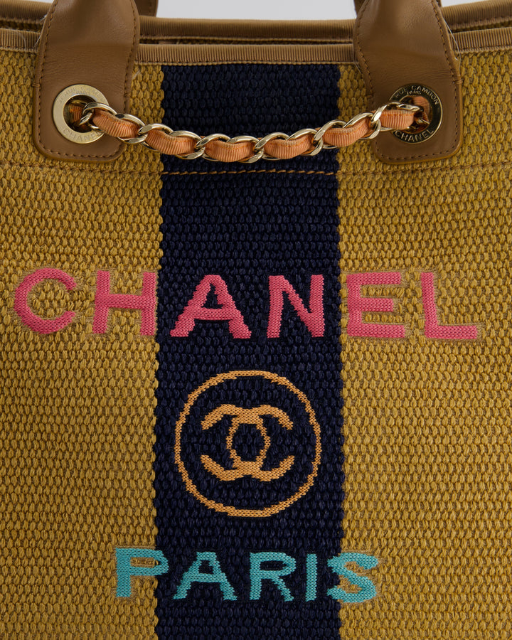 *HOT* Top Quality Chanel Beige, Navy and Khaki Raffia Deauville Tote with Pastel Logo and Champagne Gold Hardware