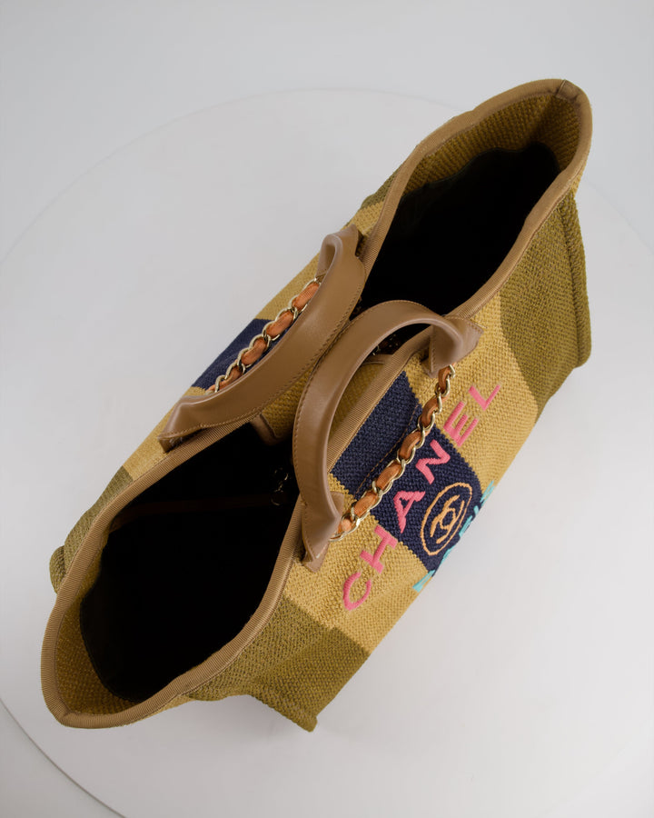 *HOT* Top Quality Chanel Beige, Navy and Khaki Raffia Deauville Tote with Pastel Logo and Champagne Gold Hardware