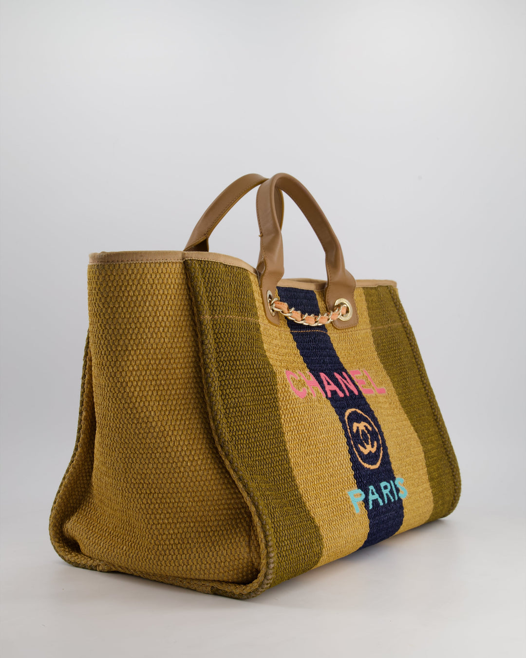 *HOT* Top Quality Chanel Beige, Navy and Khaki Raffia Deauville Tote with Pastel Logo and Champagne Gold Hardware