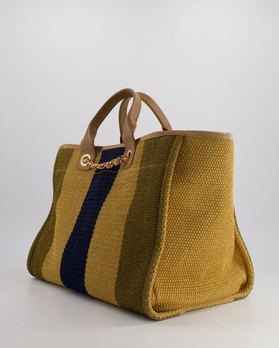 *HOT* Top Quality Chanel Beige, Navy and Khaki Raffia Deauville Tote with Pastel Logo and Champagne Gold Hardware