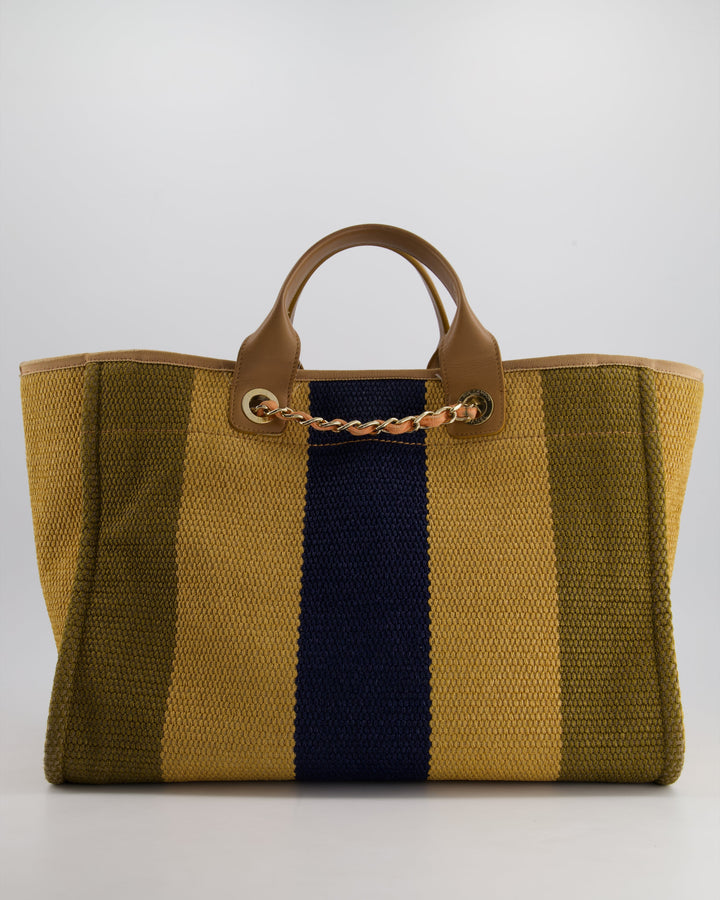 *HOT* Top Quality Chanel Beige, Navy and Khaki Raffia Deauville Tote with Pastel Logo and Champagne Gold Hardware