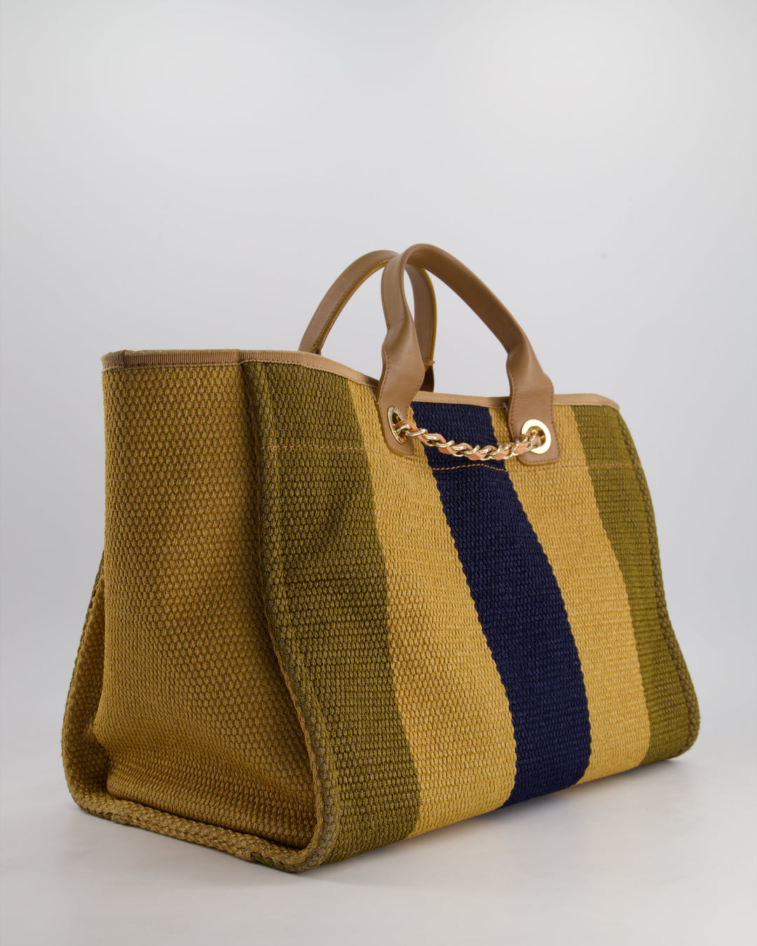 *HOT* Top Quality Chanel Beige, Navy and Khaki Raffia Deauville Tote with Pastel Logo and Champagne Gold Hardware