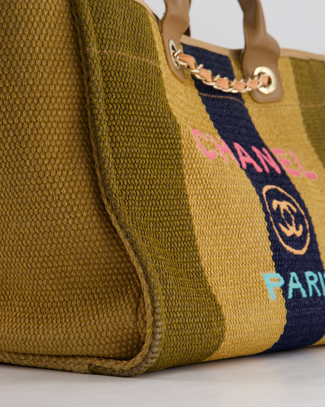 *HOT* Top Quality Chanel Beige, Navy and Khaki Raffia Deauville Tote with Pastel Logo and Champagne Gold Hardware