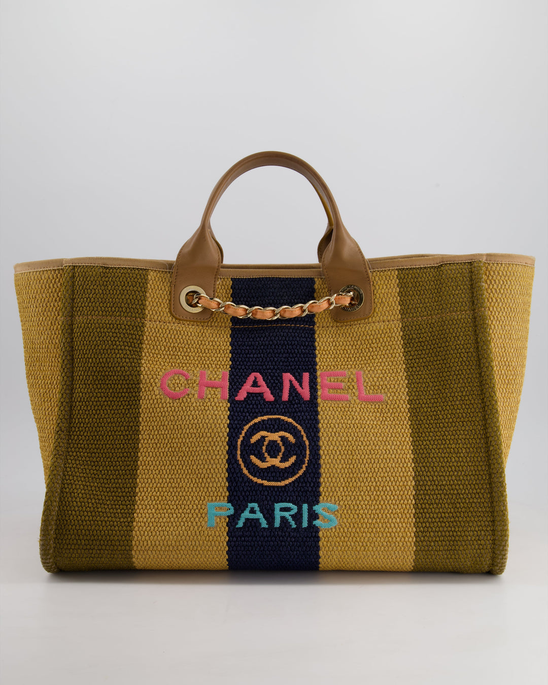 *HOT* Top Quality Chanel Beige, Navy and Khaki Raffia Deauville Tote with Pastel Logo and Champagne Gold Hardware