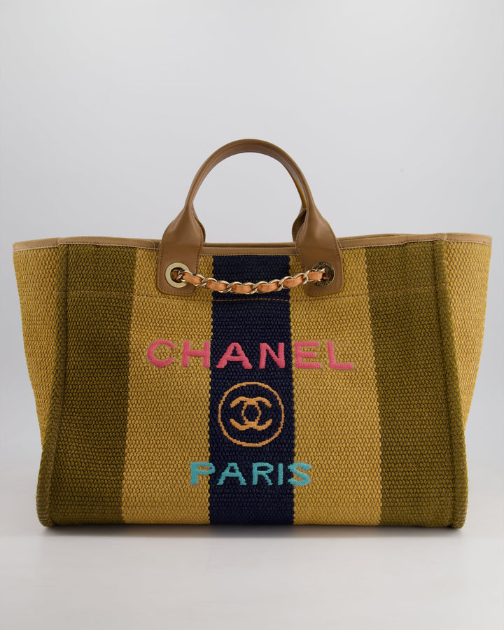*HOT* Top Quality Chanel Beige, Navy and Khaki Raffia Deauville Tote with Pastel Logo and Champagne Gold Hardware