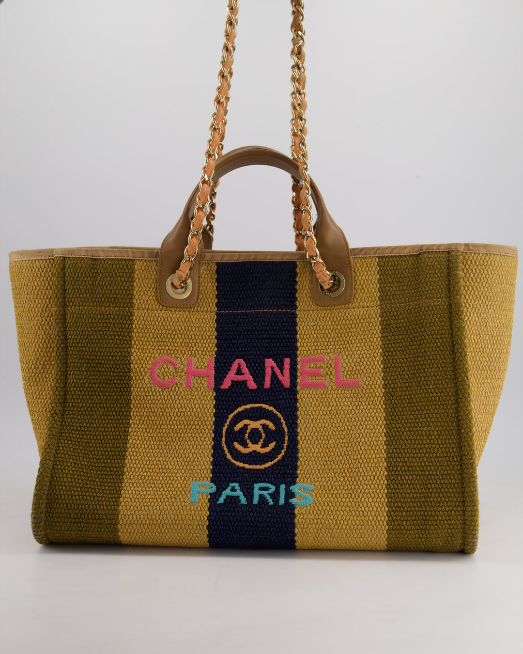 *HOT* Top Quality Chanel Beige, Navy and Khaki Raffia Deauville Tote with Pastel Logo and Champagne Gold Hardware