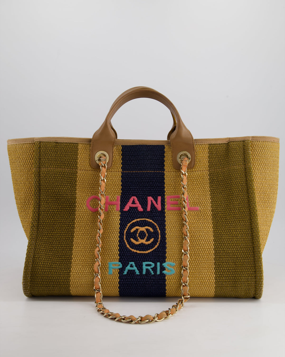 *HOT* Top Quality Chanel Beige, Navy and Khaki Raffia Deauville Tote with Pastel Logo and Champagne Gold Hardware