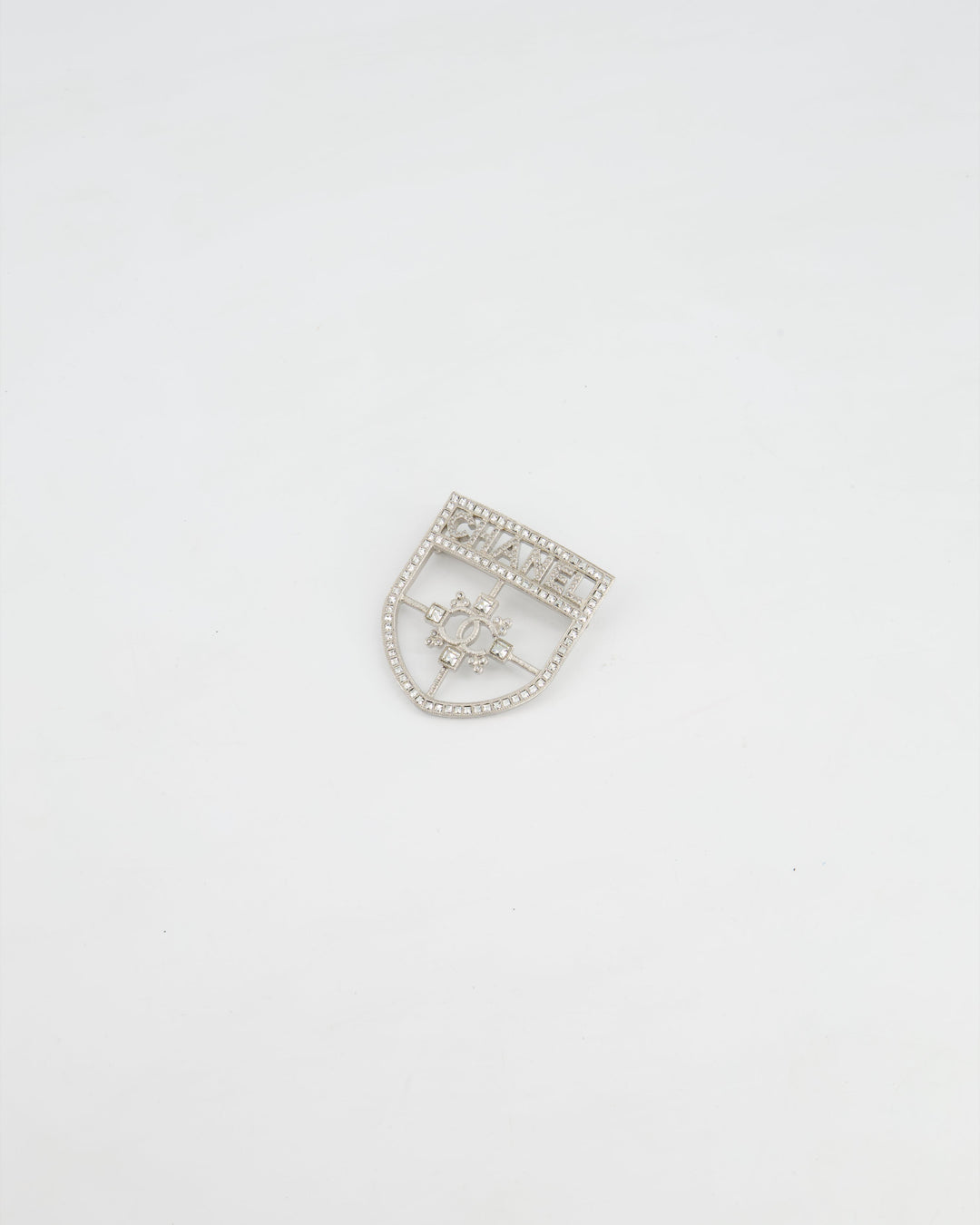 *HOT* Top Quality Chanel Silver Crystal Large Brooch with CC and Logo Details