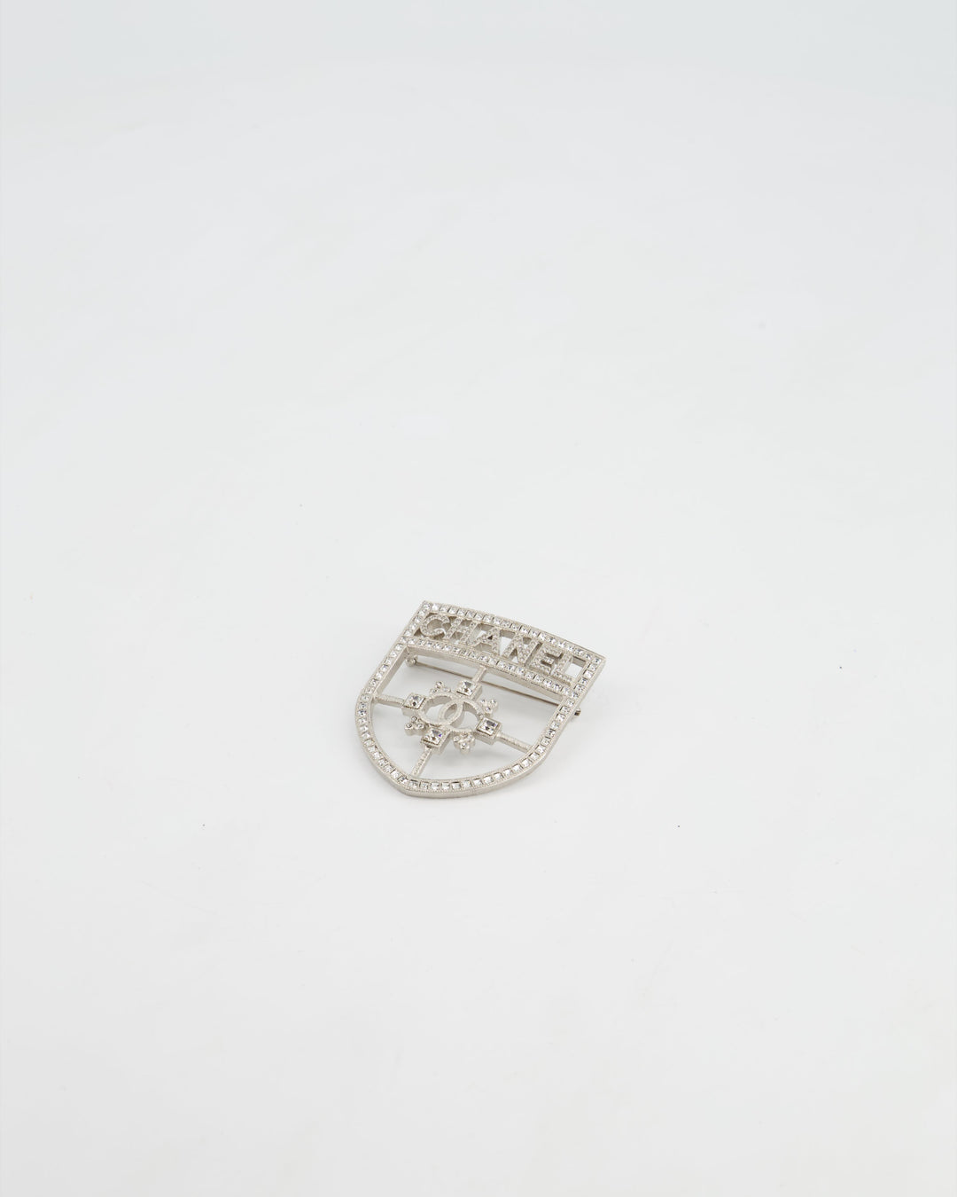 *HOT* Top Quality Chanel Silver Crystal Large Brooch with CC and Logo Details