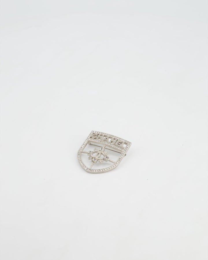 *HOT* Chanel Silver Crystal Large Brooch with CC and Logo Details
