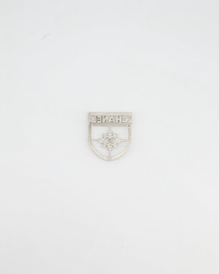 *HOT* Chanel Silver Crystal Large Brooch with CC and Logo Details