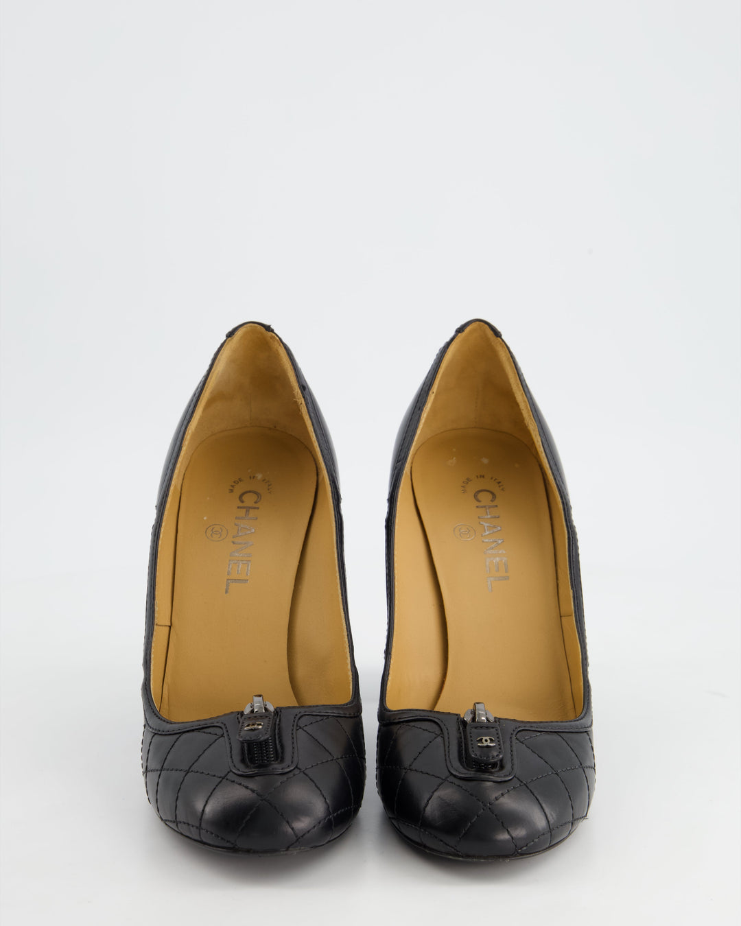 *FIRE PRICE* Top Quality Chanel Black Round Toe Heels with Quilted Leather & Zip Details Size EU 40.5