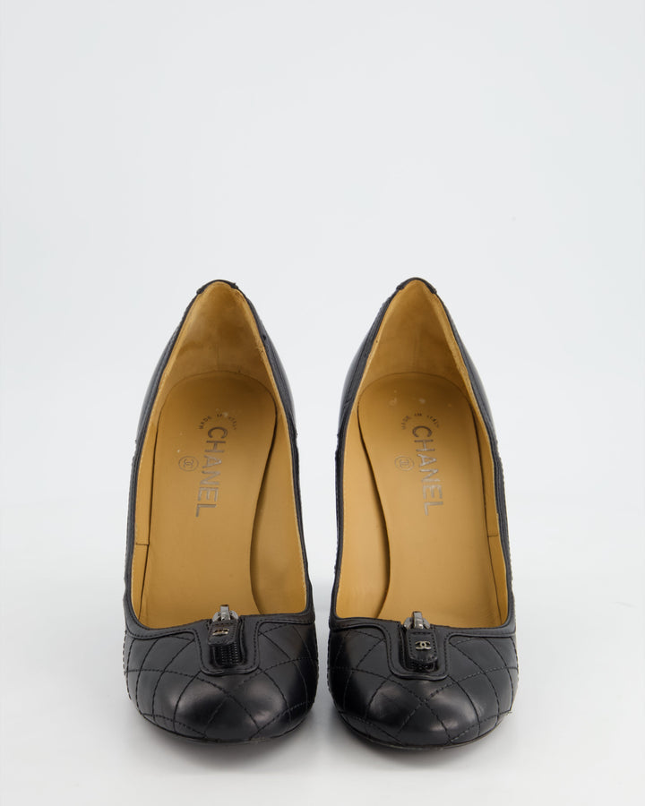 *FIRE PRICE* Top Quality Chanel Black Round Toe Heels with Quilted Leather & Zip Details Size EU 40.5