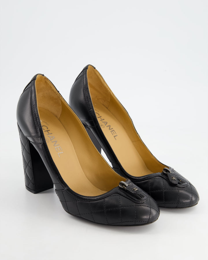 *FIRE PRICE* Top Quality Chanel Black Round Toe Heels with Quilted Leather & Zip Details Size EU 40.5