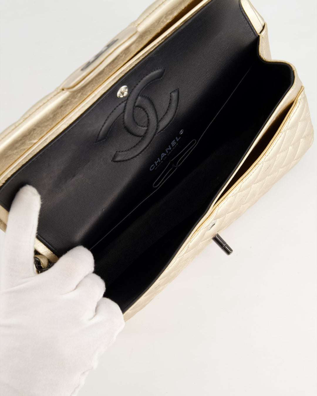 *SUPER RARE* Top Quality Chanel Metallic Gold Medium Classic Double Flap Bag in Lambskin Leather with Black Hardware