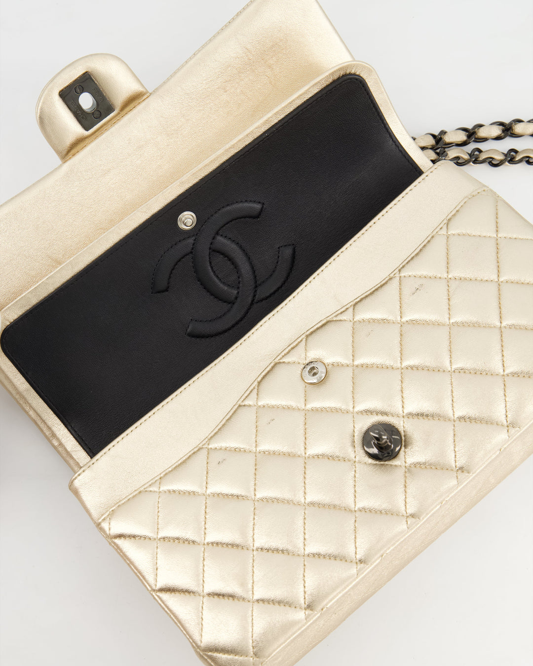 *SUPER RARE* Top Quality Chanel Metallic Gold Medium Classic Double Flap Bag in Lambskin Leather with Black Hardware