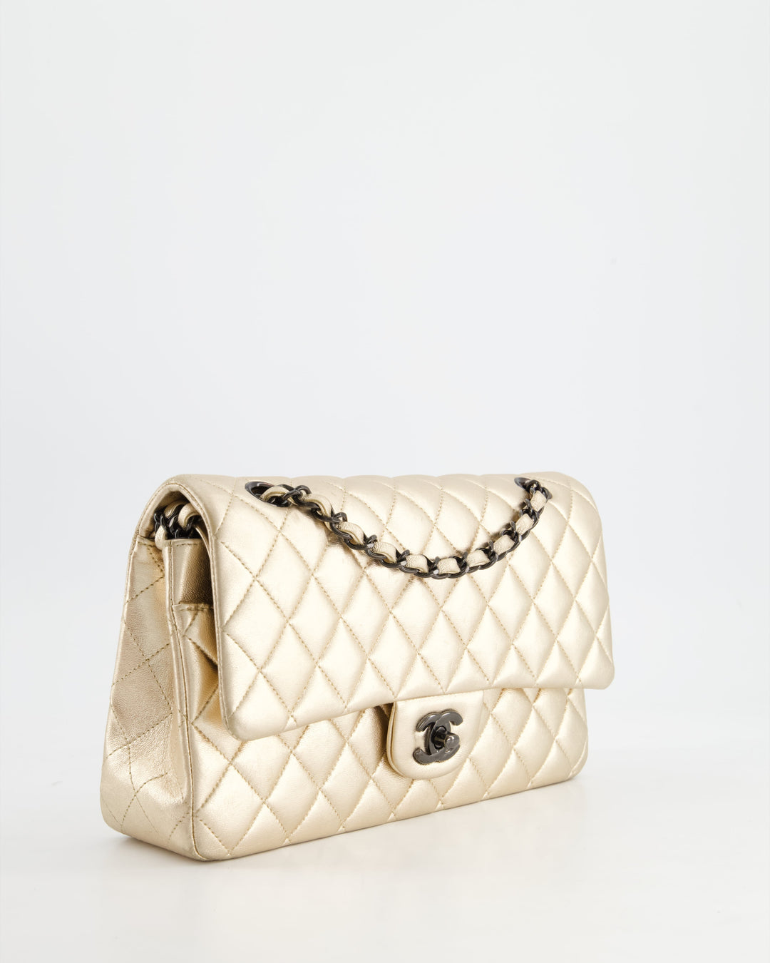 *SUPER RARE* Top Quality Chanel Metallic Gold Medium Classic Double Flap Bag in Lambskin Leather with Black Hardware