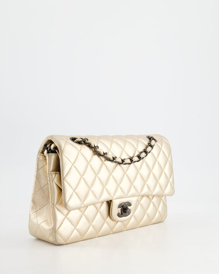 *SUPER RARE* Top Quality Chanel Metallic Gold Medium Classic Double Flap Bag in Lambskin Leather with Black Hardware