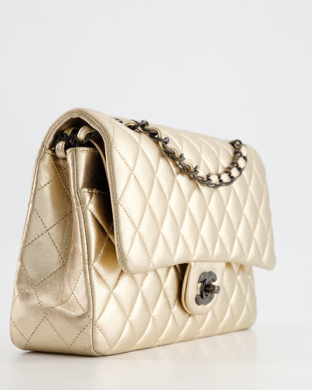*SUPER RARE* Top Quality Chanel Metallic Gold Medium Classic Double Flap Bag in Lambskin Leather with Black Hardware
