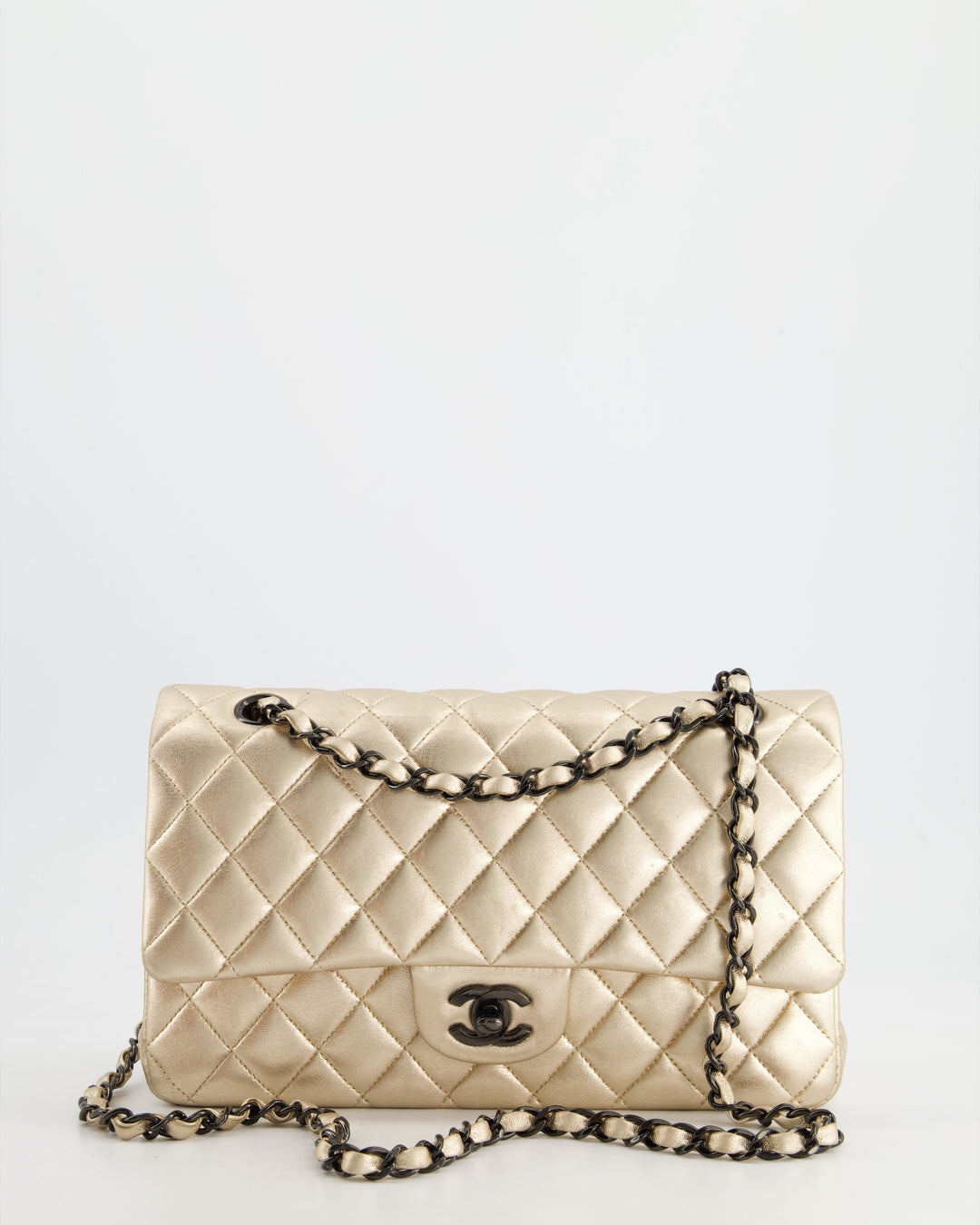 *SUPER RARE* Top Quality Chanel Metallic Gold Medium Classic Double Flap Bag in Lambskin Leather with Black Hardware
