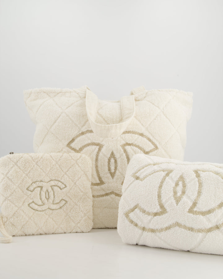 *HOT* Top Quality Chanel Ivory Terry Beach Set with CC Tote Bag, Towel and Small Pouch