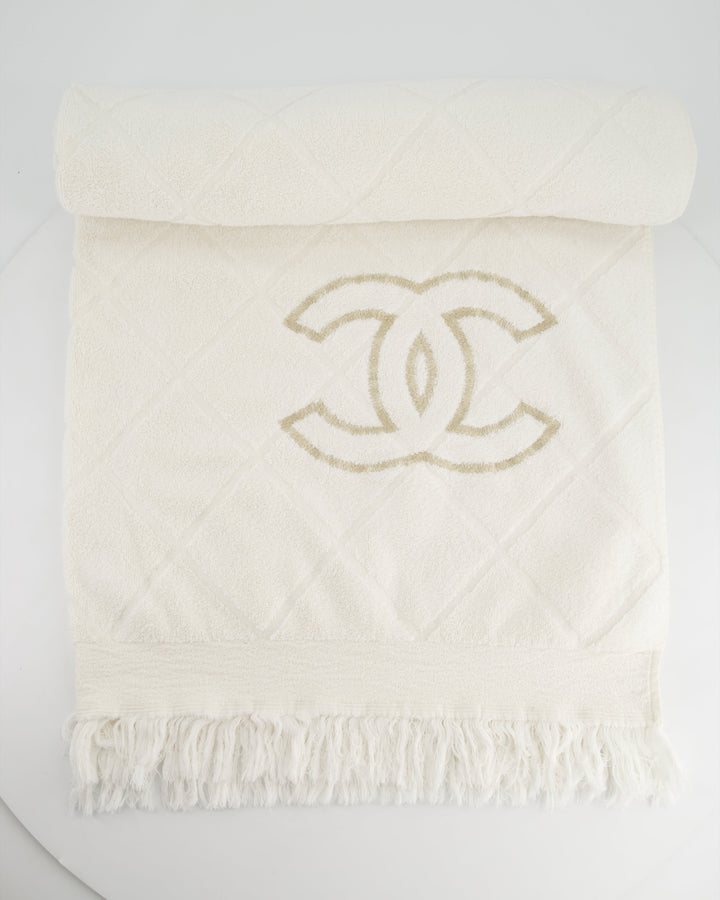 *HOT* Chanel Ivory Terry Beach Set with CC Tote Bag, Towel and Small Pouch
