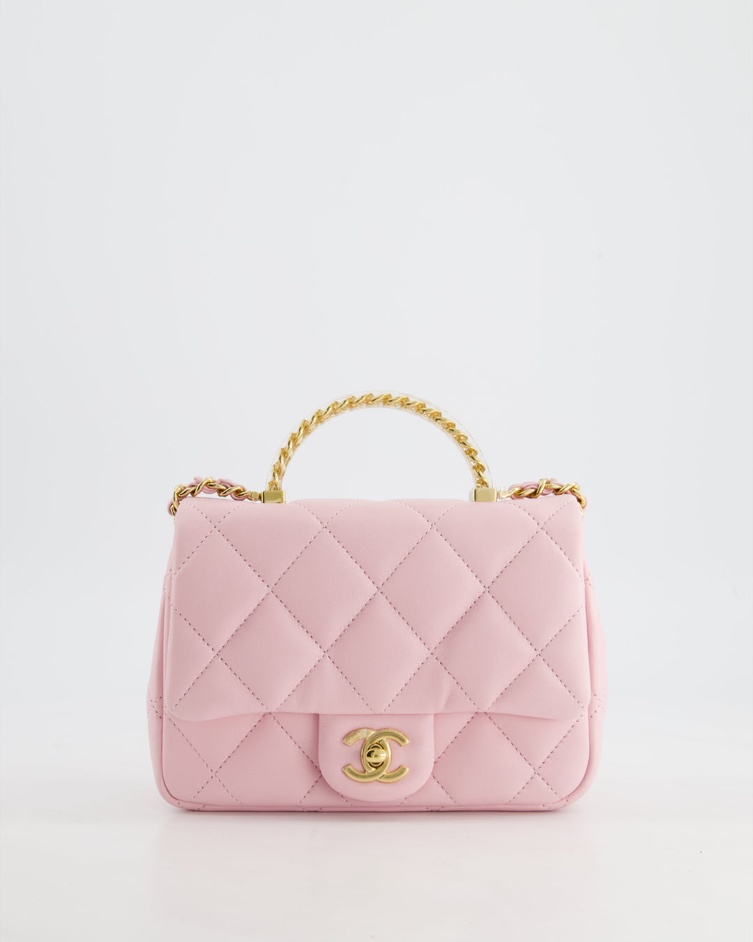 *CURRENT COLLECTION* Top Quality Chanel Petal Pink Mini Top Handle Bag in Calfskin Leather with Gold Hardware and Clear Perspex Handle Detail