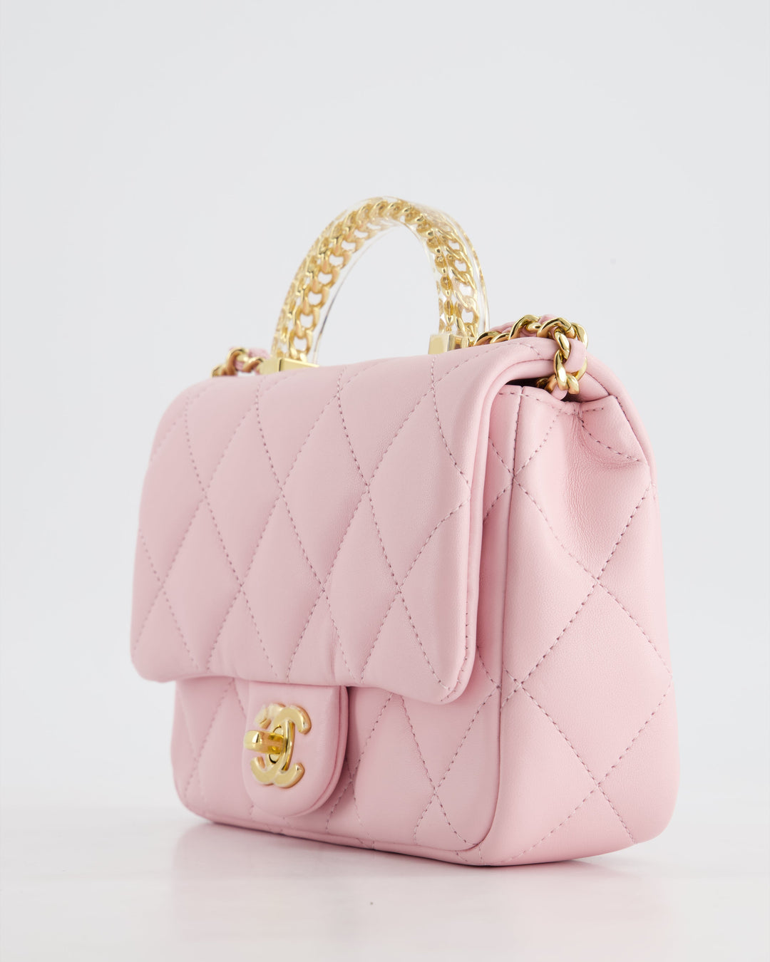 *CURRENT COLLECTION* Top Quality Chanel Petal Pink Mini Top Handle Bag in Calfskin Leather with Gold Hardware and Clear Perspex Handle Detail